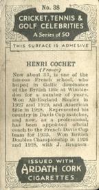 1935 Ardath Cork Cricket, Tennis & Golf Celebrities #38 Henri Cochet Back
