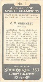 1935 Ardath State Express A Series of 50 Sports Champions #1 Clarrie Grimmett Back