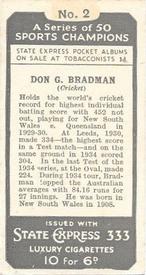 1935 Ardath State Express A Series of 50 Sports Champions #2 Don Bradman Back
