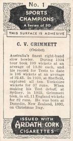 1935 Ardath Cork Sports Champions #1 Clarrie Grimmett Back