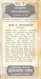 1935 Ardath Cork Sports Champions #2 Don Bradman Back