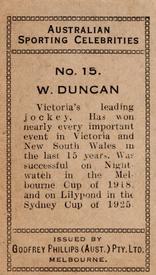 1932 Godfrey Phillips Australian Sporting Celebrities #15 Bill Duncan Back