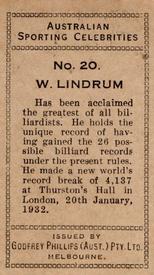 1932 Godfrey Phillips Australian Sporting Celebrities #20 Walter Lindrum Back