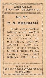 1932 Godfrey Phillips Australian Sporting Celebrities #31 Don Bradman Back