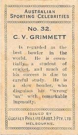 1932 Godfrey Phillips Australian Sporting Celebrities #32 Clarrie Grimmett Back
