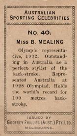 1932 Godfrey Phillips Australian Sporting Celebrities #40 Bonnie Mealing Back