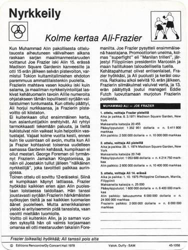 1978 Sportscaster Series 45 Finnish #45-1058 Kolme kertaa Ali-Frazier Back