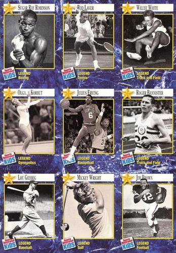 1992 Sports Illustrated for Kids - Original 9-Card Sheets #100-108 Willye White / Rod Laver / Sugar Ray Robinson / Roger Bannister / Julius Erving / Olga Korbut / Jim Brown / Mickey Wright / Lou Gehrig Front
