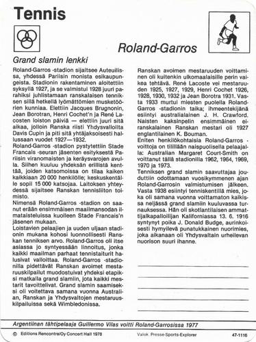 1978 Sportscaster Series 47 Finnish #47-1116 Roland-Garros Back