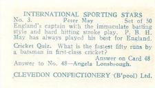 1960 Clevedon Confectionery International Sporting Stars #3 Peter May Back