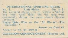 1960 Clevedon Confectionery International Sporting Stars #6 Avril Malan Back