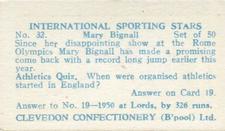 1960 Clevedon Confectionery International Sporting Stars #32 Mary Bignall Back