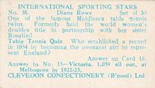 1960 Clevedon Confectionery International Sporting Stars #36 Diane Rowe Back