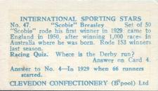 1960 Clevedon Confectionery International Sporting Stars #47 Scobie Breasley Back