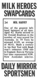 1971 Daily Mirror Milk Heroes Swapcards #34 Neil Harvey Back