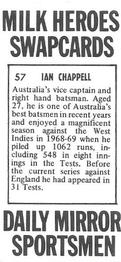 1971 Daily Mirror Milk Heroes Swapcards #57 Ian Chappell Back