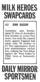 1971 Daily Mirror Milk Heroes Swapcards #65 John Gleeson Back