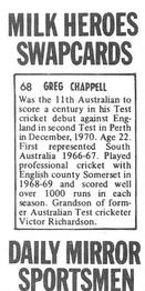 1971 Daily Mirror Milk Heroes Swapcards #68 Greg Chappell Back