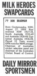 1971 Daily Mirror Milk Heroes Swapcards #79 Don Bradman Back