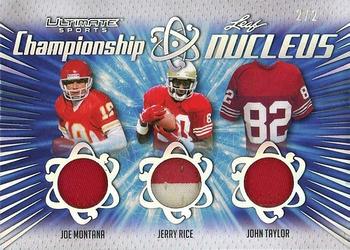 2021 Leaf Ultimate Sports - Championship Nucleus Relics Silver Spectrum Holofoil #CN-01 Joe Montana / Jerry Rice / John Taylor Front