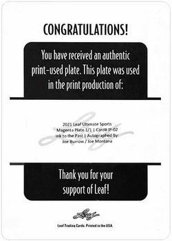 2021 Leaf Ultimate Sports - Ink to the Past Autographs Printing Plates Magenta #IP-02 Joe Burrow / Joe Montana Back