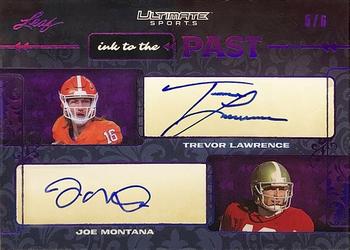 2021 Leaf Ultimate Sports - Ink to the Past Autographs Purple Spectrum Holofoil #IP-06 Trevor Lawrence / Joe Montana Front