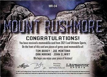 2021 Leaf Ultimate Sports - Mount Rushmore Relics Emerald Spectrum Holofoil #MR-04 Tom Brady / Joe Montana / Dan Marino / John Elway Back