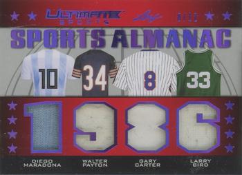 2021 Leaf Ultimate Sports - Sports Almanac Relics Purple Spectrum Holofoil #USA-08 Diego Maradona / Walter Payton / Gary Carter / Larry Bird Front