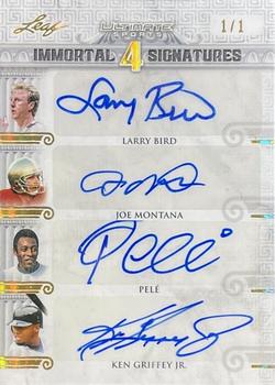 2021 Leaf Ultimate Sports - The Immortal 4 Signatures Gold Spectrum Holofoil #I4S-01 Larry Bird / Joe Montana / Pelé / Ken Griffey Jr. Front
