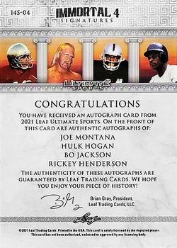 2021 Leaf Ultimate Sports - The Immortal 4 Signatures Navy Blue Spectrum Holofoil #I4S-04 Joe Montana / Hulk Hogan / Bo Jackson / Rickey Henderson Back