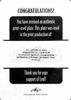2021 Leaf Ultimate Sports - The Immortal 4 Signatures Printing Plates Magenta #I4S-04 Joe Montana / Hulk Hogan / Bo Jackson / Rickey Henderson Back