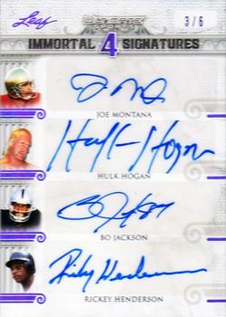 2021 Leaf Ultimate Sports - The Immortal 4 Signatures Purple Spectrum Holofoil #I4S-04 Joe Montana / Hulk Hogan / Bo Jackson / Rickey Henderson Front