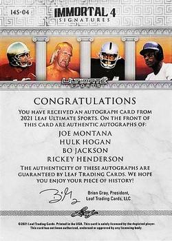 2021 Leaf Ultimate Sports - The Immortal 4 Signatures Red Spectrum Holofoil #I4S-04 Joe Montana / Hulk Hogan / Bo Jackson / Rickey Henderson Back