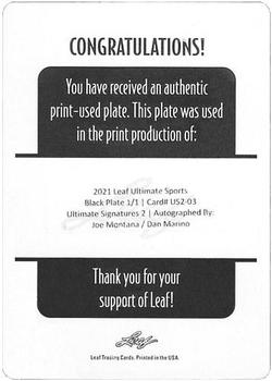 2021 Leaf Ultimate Sports - Ultimate Signatures 2 Printing Plates Black #US2-03 Joe Montana / Dan Marino Back