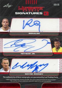 2021 Leaf Ultimate Sports - Ultimate Signatures 6 Red Spectrum Holofoil #US6-05 Cristiano Ronaldo / Lionel Messi / Pelé / Ronaldo / Neymar Jr. / Wayne Rooney Back