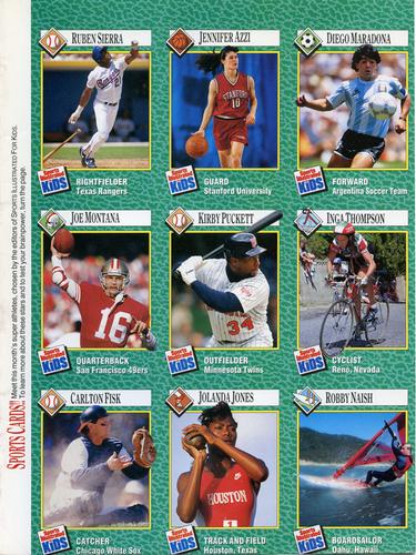 1990 Sports Illustrated for Kids - Original 9-Card Sheets #163-171 Diego Maradona / Jennifer Azzi / Ruben Sierra / Inga Thompson / Kirby Puckett / Joe Montana / Robby Naish / Jolanda Jones / Carlton Fisk Front