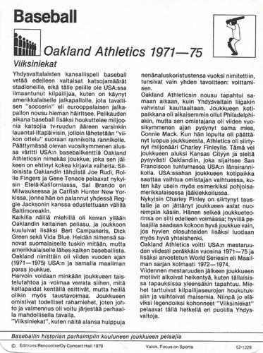 1979 Sportscaster Series 52 Finnish #52-1229 Oakland Athletics 1971-75 Back