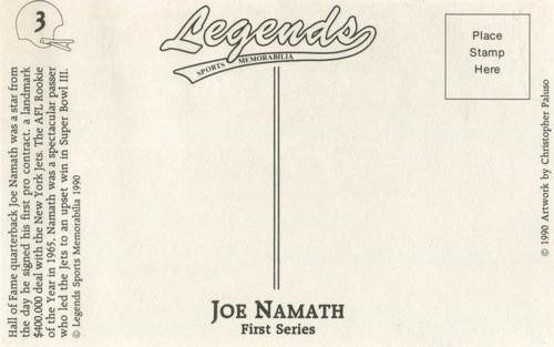 1990-91 Legends Sports Memorabilia Postcards First Series #3 Joe Namath Back