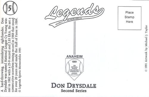 1991 Legends Sports Memorabilia Postcards Second Series #5 Don Drysdale Back