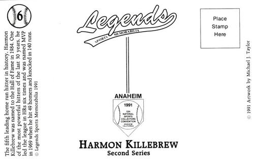 1991 Legends Sports Memorabilia Postcards Second Series #6 Harmon Killebrew Back