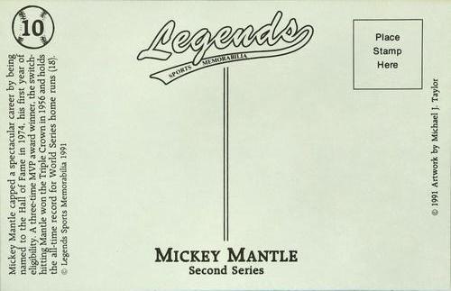 1991 Legends Sports Memorabilia Postcards Second Series #10 Mickey Mantle Back