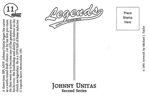 1991 Legends Sports Memorabilia Postcards Second Series #11 Johnny Unitas Back