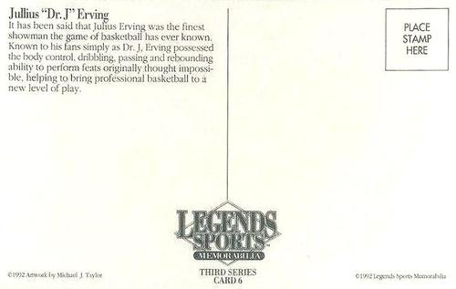 1992 Legends Sports Memorabilia Postcards Third Series #6 Julius Erving Back
