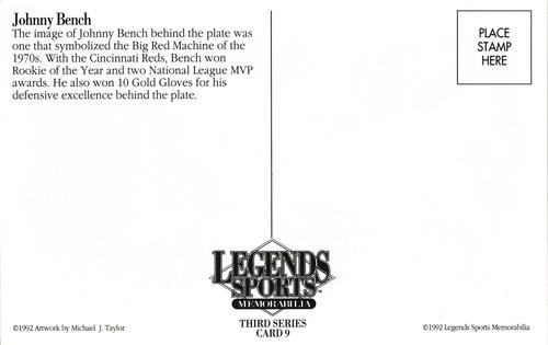 1992 Legends Sports Memorabilia Postcards Third Series #9 Johnny Bench Back