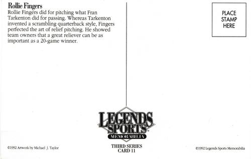 1992 Legends Sports Memorabilia Postcards Third Series #11 Rollie Fingers Back