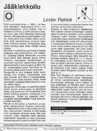 1979 Sportscaster Series 72 Finnish #72-1716 Lester Patrick Back