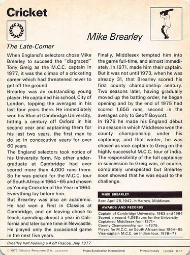 1977-80 Sportscaster Series 10 (UK) #10-11 Mike Brearley Back
