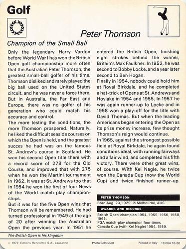 1977-80 Sportscaster Series 10 (UK) #10-20 Peter Thomson Back