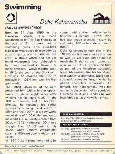 1977-80 Sportscaster Series 8 (UK) #08-11 Duke Kahanamoku Back