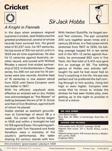 1977-80 Sportscaster Series 8 (UK) #08-22 Sir Jack Hobbs Back